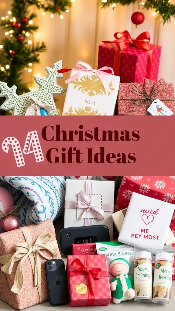 A colorful display of Christmas gift ideas including wrapped presents, gadgets, and cozy items against a festive backdrop.